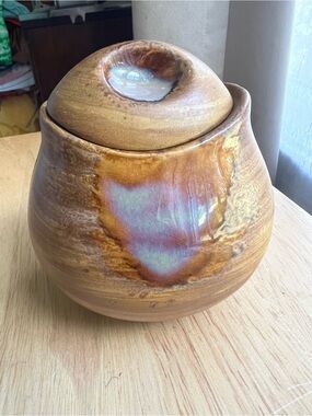 Sango Brown Ceramic Jar with Iridescent Blue-Purple Heart Accent